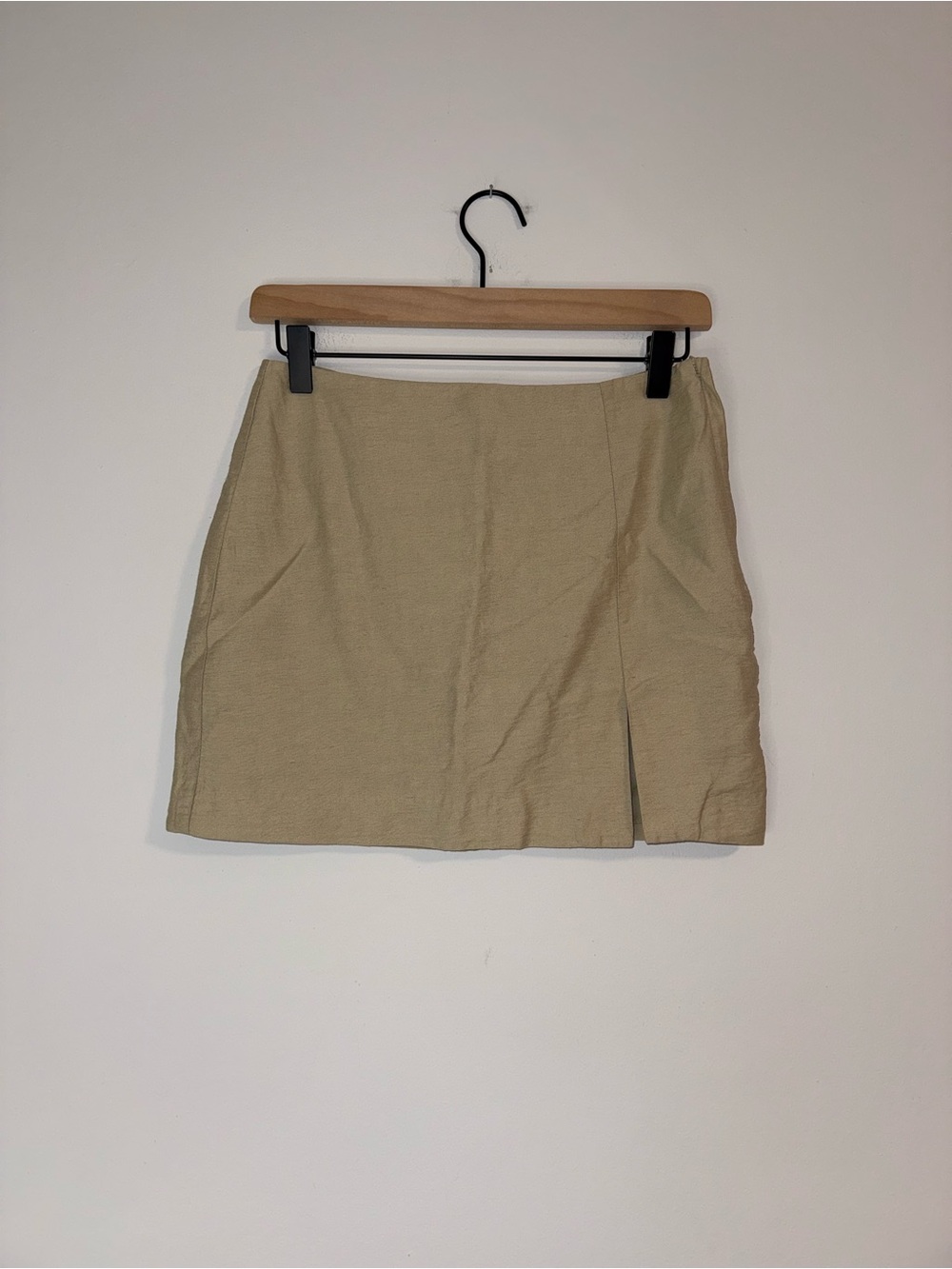 H&M Linen Blend Khaki Mini Skirt Side Zip Sz 4